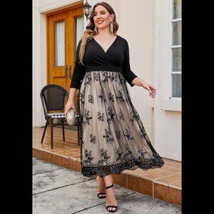 Women's Sequin ¾ Sleeve Evening Gown Maxi Dress.   Size 4X - 5X   Black and Nude